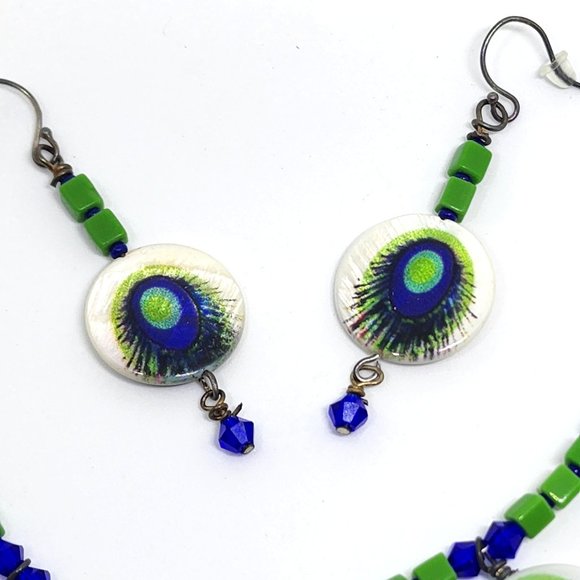 Vintage Peacock Blue Green MOP Handmade One of a Kind Necklace Earrings Set - Picture 6 of 8